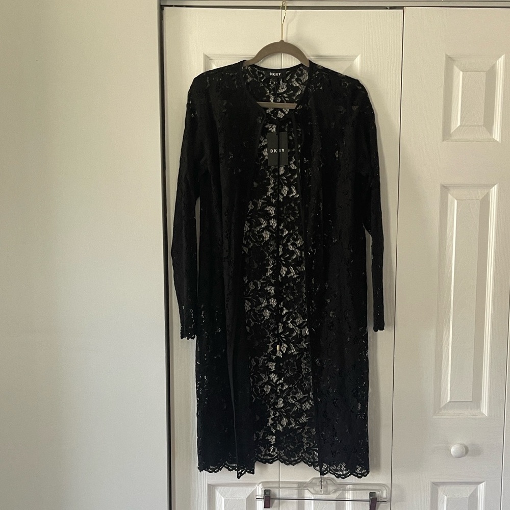 NWT- DKNY Black Long Lace Duster Cardigan